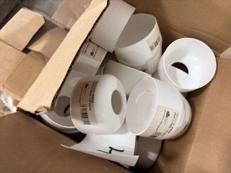 (2) boxes of 24 Johni-ring plus for urinals, various sizes of escutcheon rings, white pvc deep flange cover,