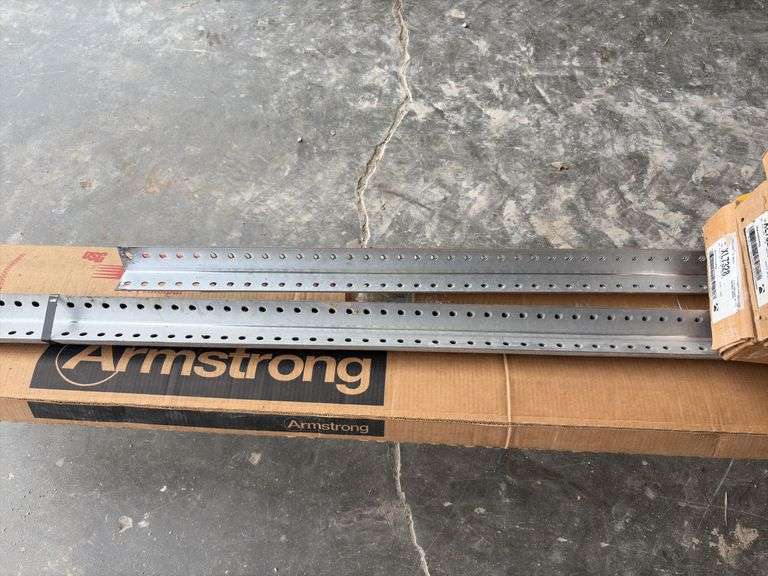 Drywall Cart, Armstrong Drop Ceiling Grid, (2) partial boxes of 12’ main grid, (3) boxes of 2 Tees, 1 1/2 boxes of 4’ tees, white, (12) 2”x2”x10’ galvanized angle