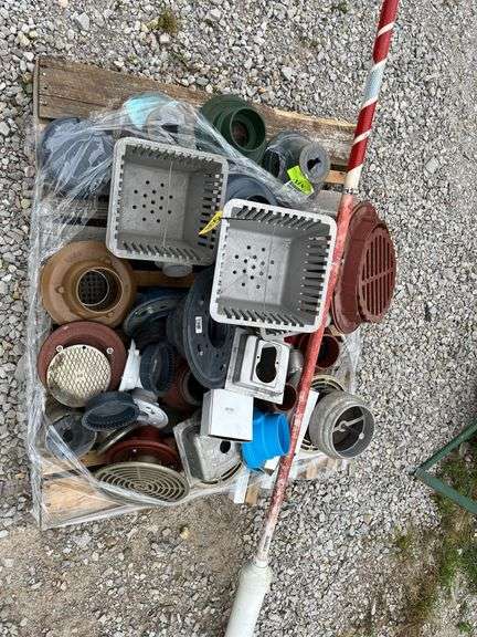 Pallet of Floor Drains, Round and Square, Plastic, Aluminum, Metal