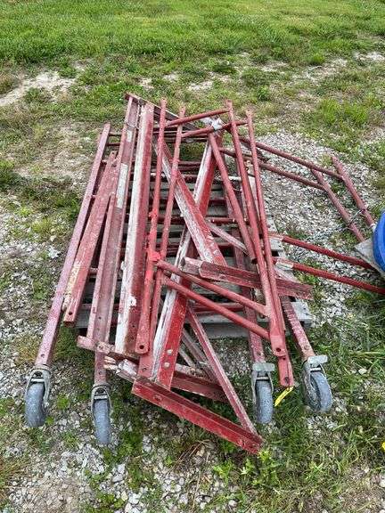 1.5 Set of Red Scaffolding, 6’ Tall x 29” Wide, 3 Cross Braces with more Braces