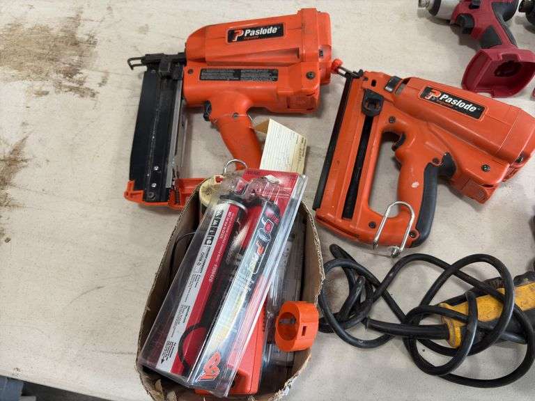 (2) Paslode Impulse Gas operated Finish Nail Guns, no batteries, have charger, gas cartridges; Dewalt Electric Impact; (4) cordless Drivers, no batteries, no chargers; (14) Electric 3/8” drills, unknown condition,
