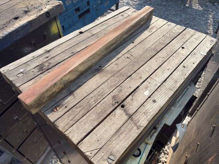 (2) Small Workbench w/2x lumber top,  1 size is 25” wide x 27 1/2” deep X 35 1/2’’tall, other size is 25” wide x 18” deep x 35 1/2” tall, both have steel drawers, steel framing,