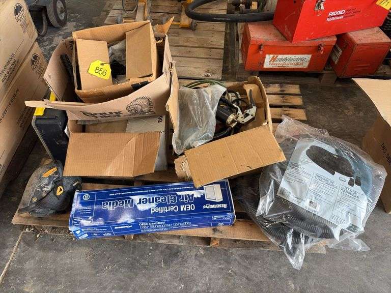 (2) rolls of 24’ x 1 1/4” flexible drain hose, Air Cleaner Media, knee pads, (3) boxes of mastic seal in coils for manholes, empty plastic screw organizer,