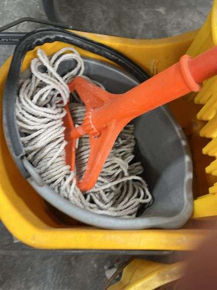 (3) Mop Buckets on wheels, (2) mops, Additional Mop Handle And Bucket