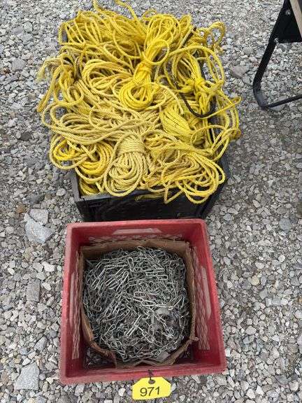 Dog Chain unknown length , Plastic Tote of 3/8” nylon rope qty & length unknown,