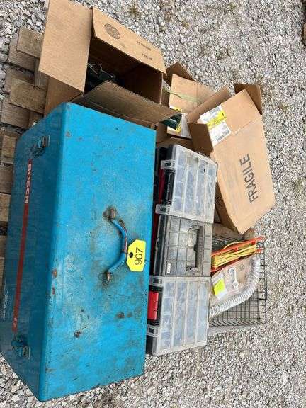 Bosch Tool Box with Hand Tools, Screwdrivers, Torpedo Level, Wrenches, Adjustable Wrench, Chalk Line, C-Clamp, 18” Bolt Cutter, File And More, (2) Truck Mirrors GM Part# 15172059, And More