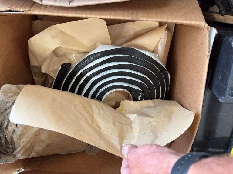 (2) rolls of 24’ x 1 1/4” flexible drain hose, Air Cleaner Media, knee pads, (3) boxes of mastic seal in coils for manholes, empty plastic screw organizer,