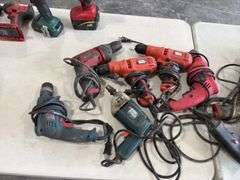 (2) Paslode Impulse Gas operated Finish Nail Guns, no batteries, have charger, gas cartridges; Dewalt Electric Impact; (4) cordless Drivers, no batteries, no chargers; (14) Electric 3/8” drills, unknown condition,