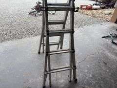 Vulcan Ladder, Adjustable Legs 4’ to 8’ step ladder or 8’ to 17’ extension ladder, 1 catch for folding ladder does not work, so it can be used as step ladder only, 350 lb capacity, steps and rails are in good condition,