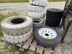 Various Tires, Solid And Pneumatic, (4) 6.50 -106.50-10 Solid (No Rim), 4.80-12 W/Rim, 18X 8.5 Golf Cart Tires.