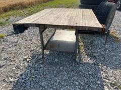 Workbench with (3) Wood Working Vises, Workbench Measures 64” x 55”, Steel Legs and Base Frame, Workbench Leans On One End