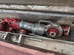 Pipe Vice, Pipe Cutter, Large Tap And Die Set, oxy/Acet Gauges, Aluminum Tread Plate Tool Box W/ Rigid Handheld Pipe Treader And More,