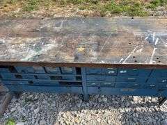 (2) Workbenches w/ 2x wood tops, measure 6’ long X 25 1/2” wide X 36” tall, sliding steel drawers, cabinet is made of steel,