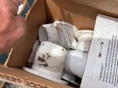 (13) boxes of reg stool flanges and offset stool flanges, box of various pipe clamps