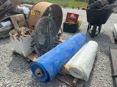 Fans, Rolls Of Plastic, (2) Poly Tarps, Box Of E-Track Wood Holder.
