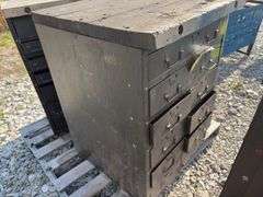 (2) Small Workbenchs, One measures 25” wide X 27” deep X 35 1/2” tall, other one measures 25” wide X 20” deep X 35 1/2” tall, 2x lumber tops, metal drawers in both cabinets, steel framing,