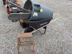 Truper Plastic Wheelbarrow like new; 30 gal trash can ; 3’ wooden step ladder; (2) bullfloats 4’ wide; (1) Bullfloat 3’ wide;