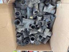 Pallet of various ABS Fittings, plastic tote of gas line, flexible stranded water supply line, Hilti Epoxy Caulk gun,