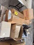 (4)Boxes of 3” Clevis Hangers approx 25 in a box, (2) Boxes of 1 1/2” Clevis Hangers approx 100 in a box, plastic tote of rubber witches hats pipe flashing for roof, plastic tote of a toilet tank,  slip joint connectors