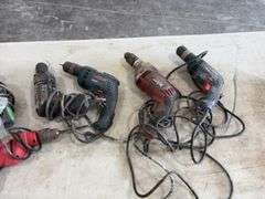 (2) Paslode Impulse Gas operated Finish Nail Guns, no batteries, have charger, gas cartridges; Dewalt Electric Impact; (4) cordless Drivers, no batteries, no chargers; (14) Electric 3/8” drills, unknown condition,
