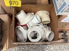 (13) boxes of reg stool flanges and offset stool flanges, box of various pipe clamps