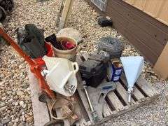 (3) Drywall Hoppers, Vinyl Tile Cutter, roll of barb wire, bucket of funnels, black nylon gunny sacks,