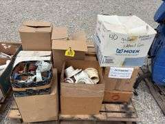 (13) boxes of reg stool flanges and offset stool flanges, box of various pipe clamps