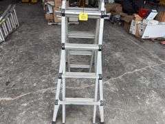 Vulcan Ladder, Adjustable Legs 4’ to 8’ step ladder or 8’ to 17’ extension ladder, 1 catch for folding ladder does not work, so it can be used as step ladder only, 350 lb capacity, steps and rails are in good condition,