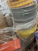 Several Bucket Stacker Organizers, Box of Sandpaper 9”x11” Sheets, Unused Paint Brushes, Drywall Tape, Used Paint Rollers, Rubber Mallet And More