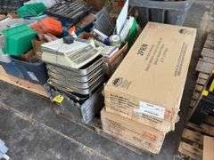 Pallet of Pipe hangers various sizes, Uline digital scale model H-1649, louvers and grills, spray paints, spray cleaners, extension cords and three ways, (9) paint roller pans, (4) Bailey Brown Lifestyle Stool-KD model DR-850c-BS016KD,