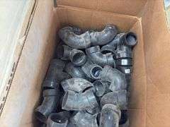 Pallet of various ABS Fittings, plastic tote of gas line, flexible stranded water supply line, Hilti Epoxy Caulk gun,