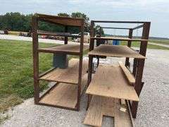 (2) Metal Racks 76” long x 40” wide x 72” tall, plywood on shelves, metal 7 drawer cabinet 131/2” wide x 14” deep x 18” tall