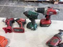 (2) Paslode Impulse Gas operated Finish Nail Guns, no batteries, have charger, gas cartridges; Dewalt Electric Impact; (4) cordless Drivers, no batteries, no chargers; (14) Electric 3/8” drills, unknown condition,