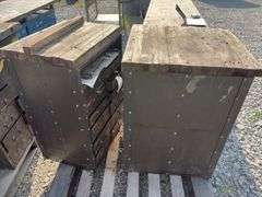 (2) Small Workbench w/2x lumber top,  1 size is 25” wide x 27 1/2” deep X 35 1/2’’tall, other size is 25” wide x 18” deep x 35 1/2” tall, both have steel drawers, steel framing,
