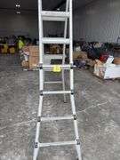 Vulcan Ladder, Adjustable Legs 4’ to 8’ step ladder or 8’ to 17’ extension ladder, 1 catch for folding ladder does not work, so it can be used as step ladder only, 350 lb capacity, steps and rails are in good condition,