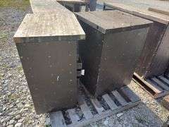 (2) Small Workbenchs, One measures 25” wide X 27” deep X 35 1/2” tall, other one measures 25” wide X 20” deep X 35 1/2” tall, 2x lumber tops, metal drawers in both cabinets, steel framing,