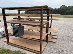(2) Metal Racks 76” long x 40” wide x 72” tall, plywood on shelves, metal 7 drawer cabinet 131/2” wide x 14” deep x 18” tall