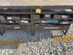 (2) Workbenches w/ 2x wood tops, measure 6’ long X 25 1/2” wide X 36” tall, sliding steel drawers, cabinet is made of steel,