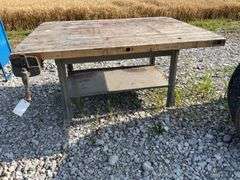 Workbench with (3) Wood Working Vises, Workbench Measures 64” x 55”, Steel Legs and Base Frame, Workbench Leans On One End