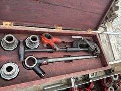 Pipe Vice, Pipe Cutter, Large Tap And Die Set, oxy/Acet Gauges, Aluminum Tread Plate Tool Box W/ Rigid Handheld Pipe Treader And More,