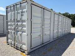 40’ AGT 4 Side Doors and 1 Back Door Container, 40' long x 8' wide,
1 ea. Back Doors measures 102" tall X 92" wide,
4 ea. Side Doors  measures  98" tall X 92" wide,
inside dimension 89” wide,
Tie down anchors on inside of container,
Minor floor scratches on inside, minor damage on left side at bottom at rear of container,
All doors have weatherstripping, 
1 time use,
Has vents on side walls, 
Container # CFGU403507  9