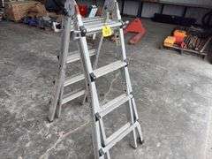 Vulcan Ladder, Adjustable Legs 4’ to 8’ step ladder or 8’ to 17’ extension ladder, 1 catch for folding ladder does not work, so it can be used as step ladder only, 350 lb capacity, steps and rails are in good condition,
