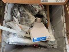 Pallet of Pipe hangers various sizes, Uline digital scale model H-1649, louvers and grills, spray paints, spray cleaners, extension cords and three ways, (9) paint roller pans, (4) Bailey Brown Lifestyle Stool-KD model DR-850c-BS016KD,