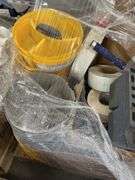 Several Bucket Stacker Organizers, Box of Sandpaper 9”x11” Sheets, Unused Paint Brushes, Drywall Tape, Used Paint Rollers, Rubber Mallet And More