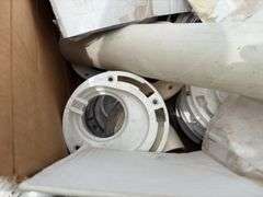 (13) boxes of reg stool flanges and offset stool flanges, box of various pipe clamps
