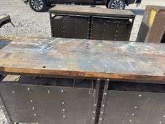 (2) Workbenches w/ 2x wood tops, measure 6’ long X 25 1/2” wide X 36” tall, sliding steel drawers, cabinet is made of steel,