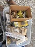 (2) Double Pantry Fauset, Deck Mount 4” centers  w/spout; (4) Swivel Gooseneck Spouts; plastic tote of electrical wire on spools various lengths and size; plastic tote of various water heater elements and thermostats; box of storage j hooks pvc coated; plastic tote of escutcheon rings; plastic tote of shower heads, 205 Douglas Flush Valves, gold color escutcheon rings,