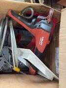 Pallet of various ABS Fittings, plastic tote of gas line, flexible stranded water supply line, Hilti Epoxy Caulk gun,