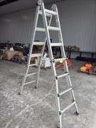 Vulcan Ladder, Adjustable Legs 4’ to 8’ step ladder or 8’ to 17’ extension ladder, 1 catch for folding ladder does not work, so it can be used as step ladder only, 350 lb capacity, steps and rails are in good condition,