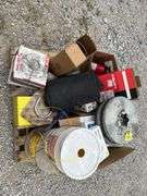 Pallet of First Aid Kits, Propane Cylinders, Boxes of Twine, Partial Roll of Small Rope, Box of Fire Extinguisher, Pump Up Sprayers, Galvanized Tum